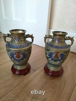 Pair Of Japanese Vases Bronze Cloisonne Enameled Early 20th Century with stands