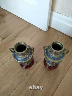 Pair Of Japanese Vases Bronze Cloisonne Enameled Early 20th Century with stands