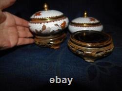 Pair Small Cloisonne Lidded Pots On Wooden Bases White Ground Rust Flowers