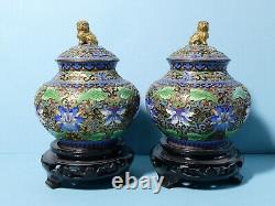 Pair Vintage Chinese Floral Enamel Cloisonne Lidded Jars Foo Dog Finials in Box