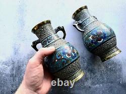 Pair of 19th Century Antique Chinese Enamel Cloisonné Brass Vases