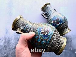 Pair of 19th Century Antique Chinese Enamel Cloisonné Brass Vases