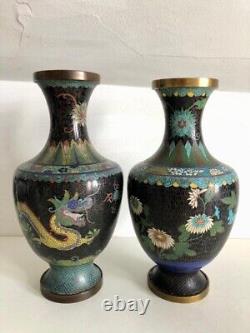 Pair of AntiqueChinese Qing Period Cloisonne Enamel Vases Dragon & Flowers 32cm