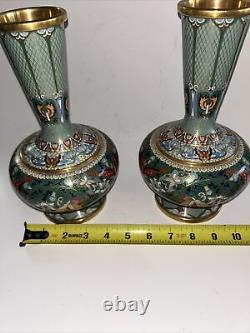 Pair of Antique Chinese Bronze Vases Cloisonne Green Enamel Butterflies Floral