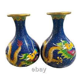 Pair of Antique Chinese Cloisonne Enamel Vases Dragon Flaming Scale 4.5 Tall