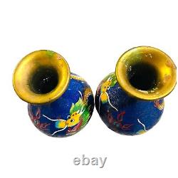 Pair of Antique Chinese Cloisonne Enamel Vases Dragon Flaming Scale 4.5 Tall