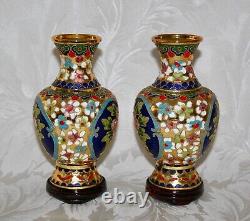Pair of Beautiful, Colourful Vintage Cloisonné Gilded Enameled Vases
