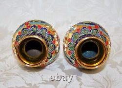Pair of Beautiful, Colourful Vintage Cloisonné Gilded Enameled Vases