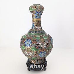 Pair of Chinese Cloisonne Garlic Head Vases Blue Green Floral Enamel Brass 9.5