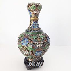 Pair of Chinese Cloisonne Garlic Head Vases Blue Green Floral Enamel Brass 9.5