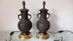 Pair of Vintage Chinese Style Bronze Lamps with Wooden Gilded Bases PAT tested