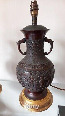 Pair of Vintage Chinese Style Bronze Lamps with Wooden Gilded Bases PAT tested
