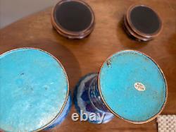 Pair of Vintage Chinese blue Cloisonné Enamel Vases with wood stands