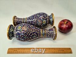 Pair of vintage Chinese cloisonné vases, elaborate foliate detail on blue ground