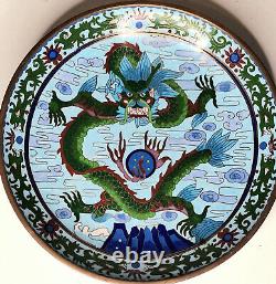 Qin Dynasty Chinese Cloisonne Five Claw Dragon w Flaming Pearl Antique 9 Plate