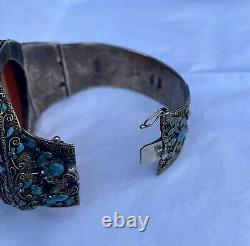 Rare Antique Huge Carved Amber Silver Blue Cloisonné Bracelet China Export