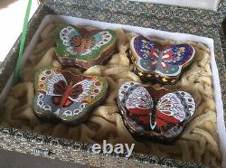 Rare Boxed 1950s Cloisonne Trinket Boxes As Butterflies Ex Condition