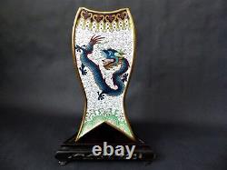 Rare Chinese Cloisonne Triangular Vase With Stand Three Imperial Dragons Deco