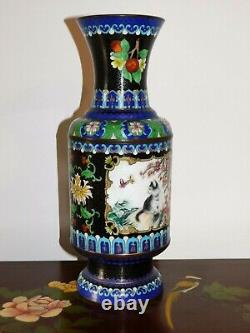 Rare Large Chinese Cloisonne Republic Hand Painted Panel Blossom Cat Vase