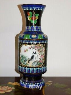 Rare Large Chinese Cloisonne Republic Hand Painted Panel Blossom Cat Vase
