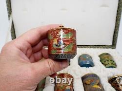 Set of 10 Vintage Chinese Cloisonné Pots With Lids In Fitted Case Very Ornate