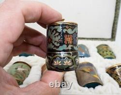 Set of 10 Vintage Chinese Cloisonné Pots With Lids In Fitted Case Very Ornate