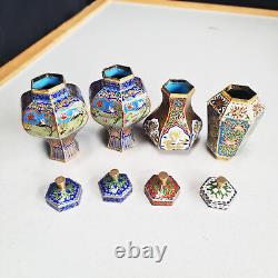 Set of 4 1900's Antique Chinese Cloisonne Lidded Jars Hexagonal Very Good