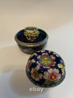 Statement Ring and box silver blue cloisonné vintage box 6.5 cm ring siz N 22.9g