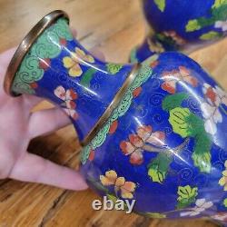 VTG Antique Pair of Chinese Cloisonne Brass Enamel Vases Blue Green Floral 9.25