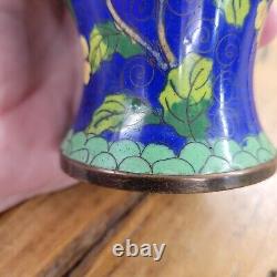 VTG Antique Pair of Chinese Cloisonne Brass Enamel Vases Blue Green Floral 9.25