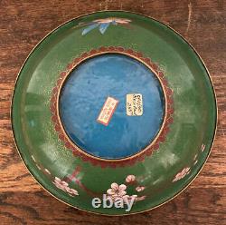 Vintage Antique Chinese Cloisonne Enamel Green Floral & Bird Motif Bowl 10