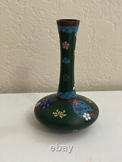 Vintage Antique Chinese Cloisonne Green Bottle Form Vase with Flowers Decoration