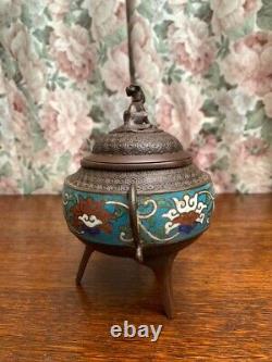 Vintage Chinese Brass Cloisonne Enamel Incense Burner with Foo Dog Lid