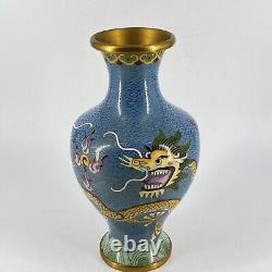 Vintage Chinese Cloisonne Enamel Brass Vase Stone Inlay 5 Toed Double Dragons