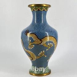 Vintage Chinese Cloisonne Enamel Brass Vase Stone Inlay 5 Toed Double Dragons