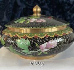 Vintage Chinese Cloisonne Enamel Bronze Floral Dahlia Decor Lidded Trinket Bowl