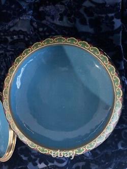 Vintage Chinese Cloisonne Enamel Bronze Floral Dahlia Decor Lidded Trinket Bowl