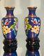 Vintage Chinese Cloisonne Vase Pair Floral Polychrome Design 24cm With Stands