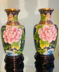 Vintage Chinese Cloisonne Vase Pair Floral Polychrome Design 24cm with Stands