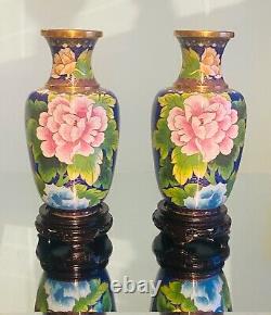 Vintage Chinese Cloisonne Vase Pair Floral Polychrome Design 24cm with Stands