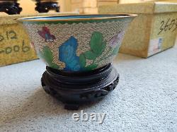 Vintage Chinese Cloisonné Vases, lidded bowl, two plates &carved hardwood stands