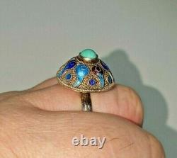 Vintage Chinese Filigree Silver and Enamel Ring, Adjustable Size