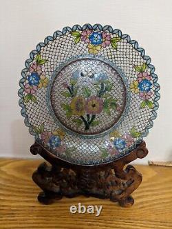 Vintage Chinese Plique A Jour Enamel Cloisonne Plate Flower Pattern