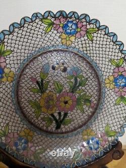 Vintage Chinese Plique A Jour Enamel Cloisonne Plate Flower Pattern