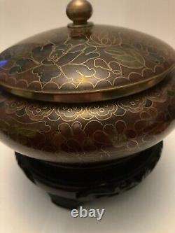Vintage Cloisonne Lidded Bowl Jar Pot Vase With Stand