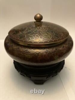Vintage Cloisonne Lidded Bowl Jar Pot Vase With Stand