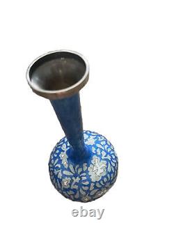 Vintage Korean Blue Cloisonné Solid Silver Vase Marked Silver 98%