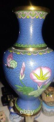 Vintage Medium Turquoise Cloisonné Brass Vase'FLOWERS&LEAVES'7.5 china