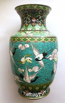 Vintage Oriental Chinese Cloisonne Blue Vase Black White Crane Birds Pink Flower