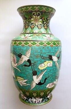 Vintage Oriental Chinese Cloisonne Blue Vase Black White Crane Birds Pink Flower